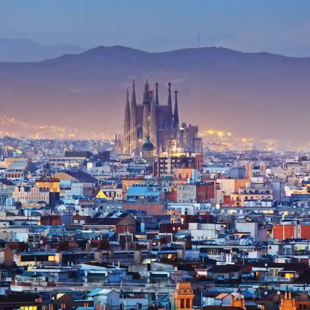 Day Trips from Barcelona : Aerial view of Barcelona with Sagrada Familia and cityscape.