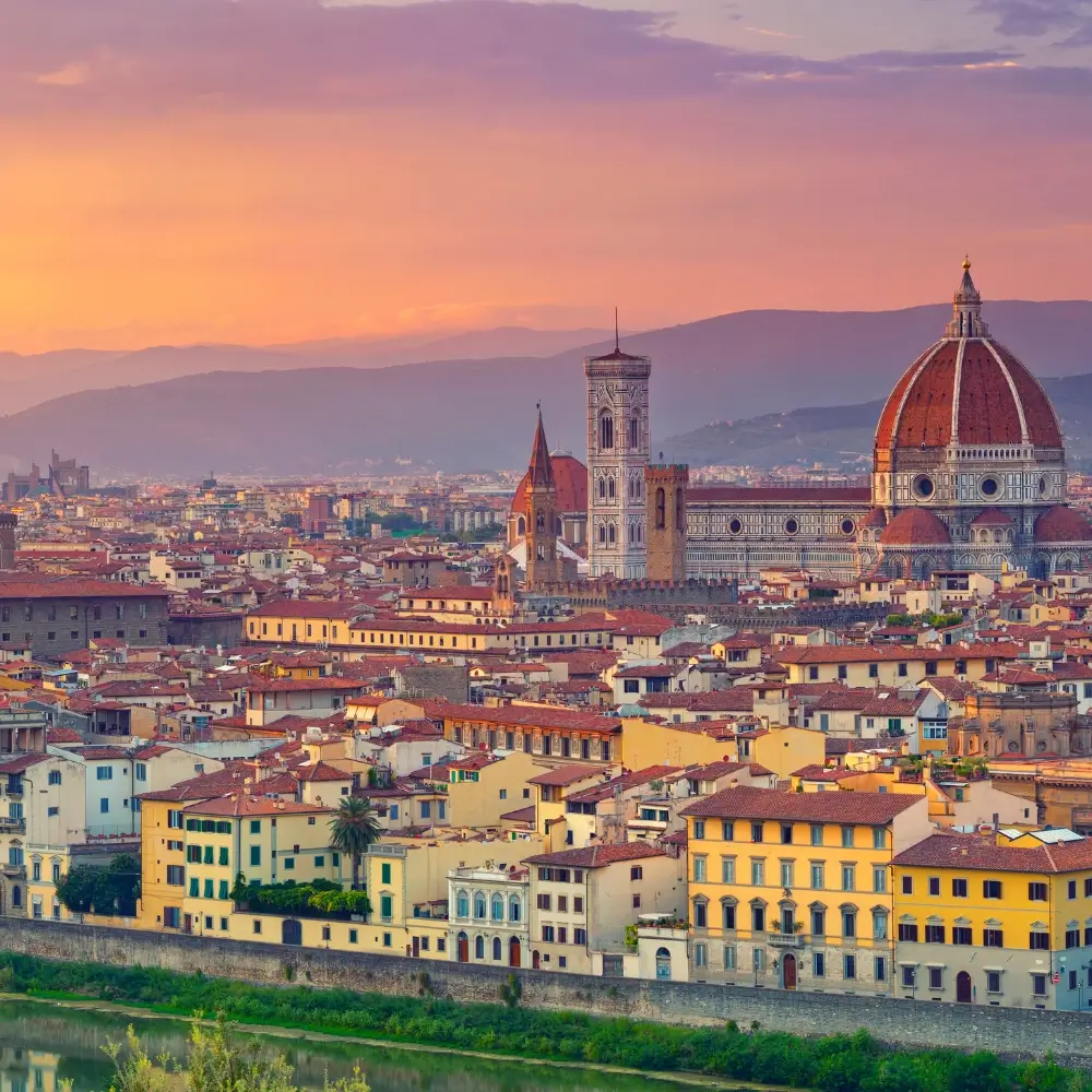 day trips from florence: Panoramic view of Florence with the Duomo and Arno River