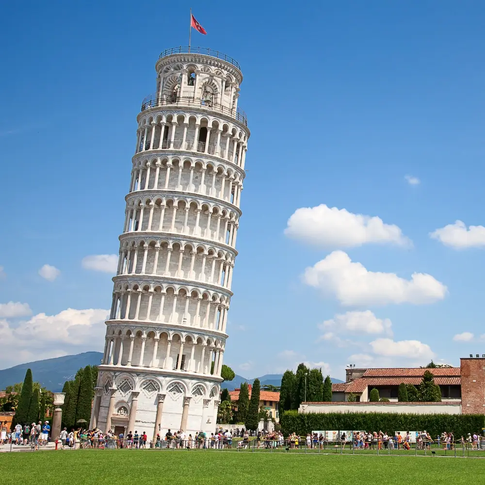 Leaning Tower of Pisa under a clear blue sky