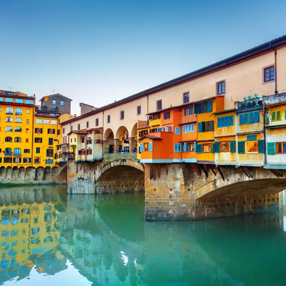 Historic Ponte Vecchio bridge over the Arno River in Florence, Italy.