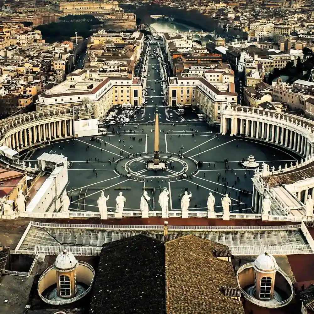 Aerial view of Vatican City, featuring St. Peter’s Basilica and St. Peter’s Square.