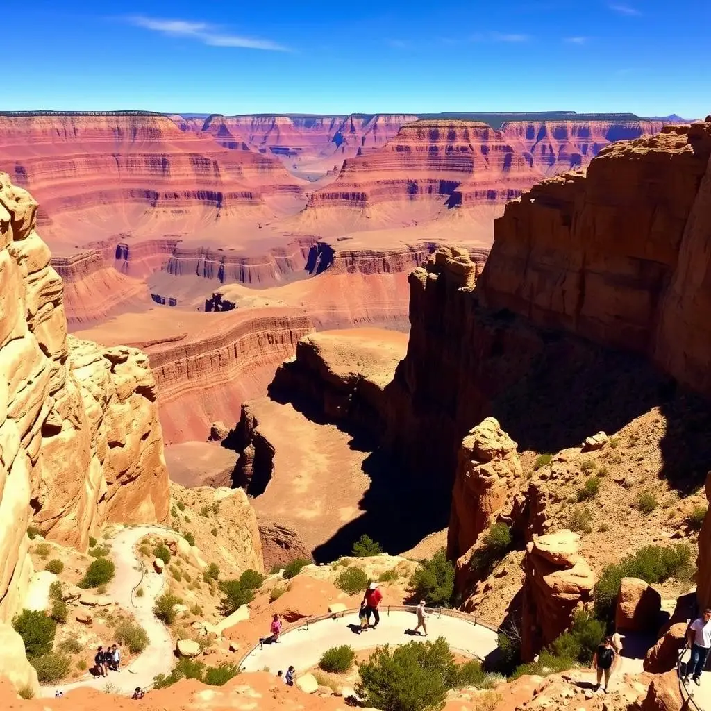 A breathtaking view of Grand Canyon West Rim with deep canyons and rugged cliffs.